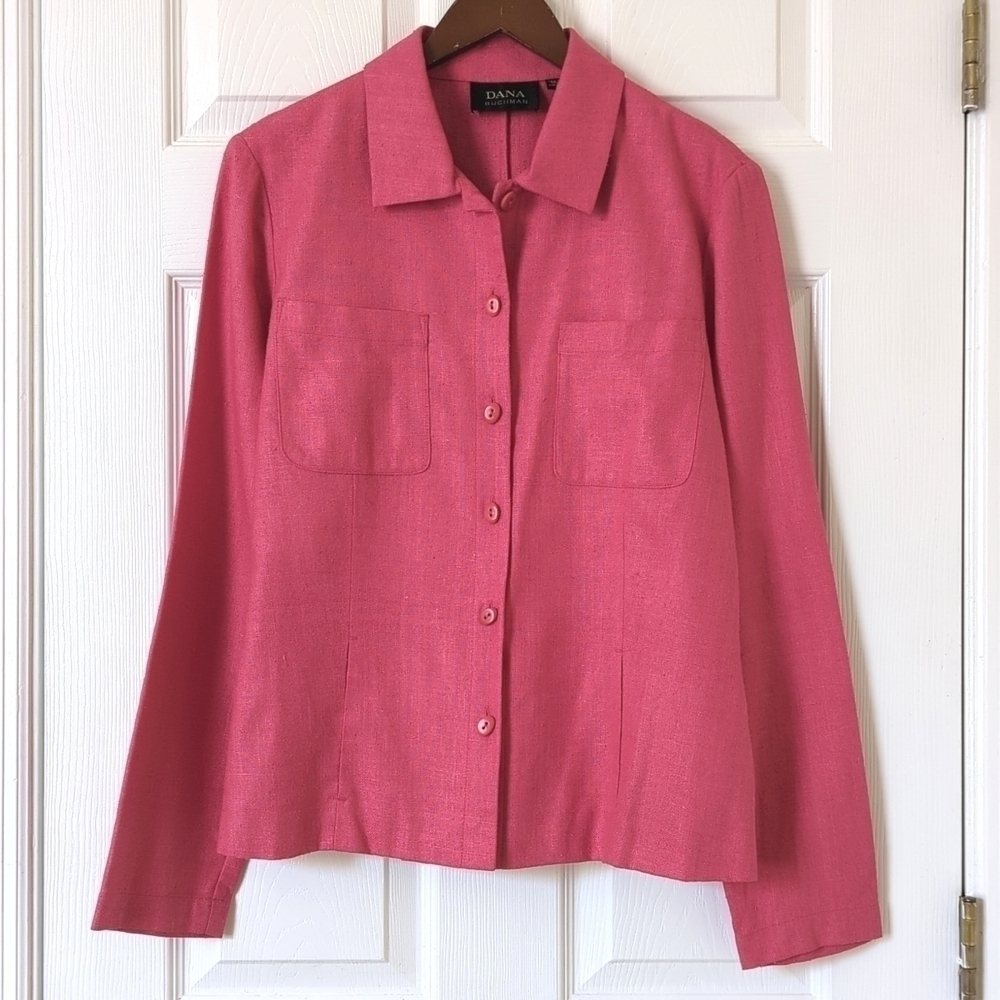 Dana Buchman 90's Vintage Lightweight Linen Collared Button Up Shacket Pink 10